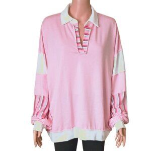 Lovely Melody Long Sleeve Top XL Pink & Stripe Collared Exposed Seam Blouse